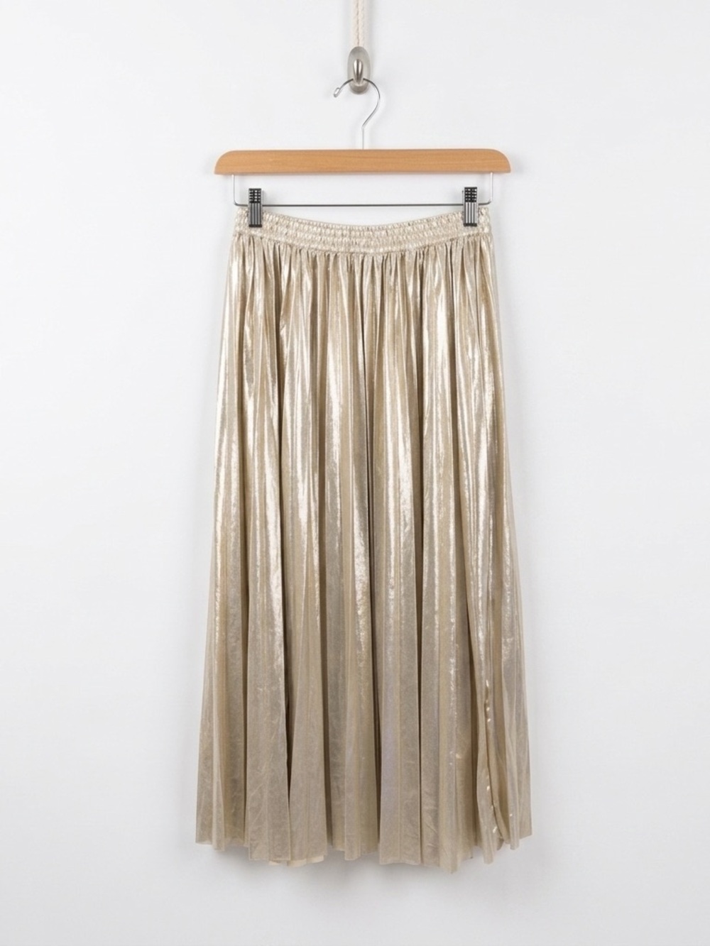 En Saison Gold Metallic Pleated Midi Skirt Elastic Waist Festive Holiday Medium